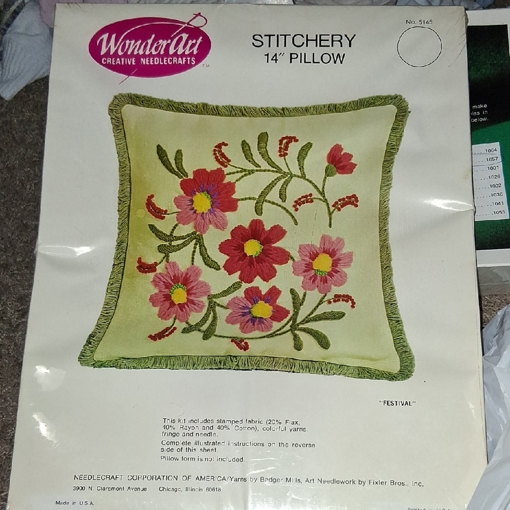 Floral Stitchery Pillow Kit - Green and Pink